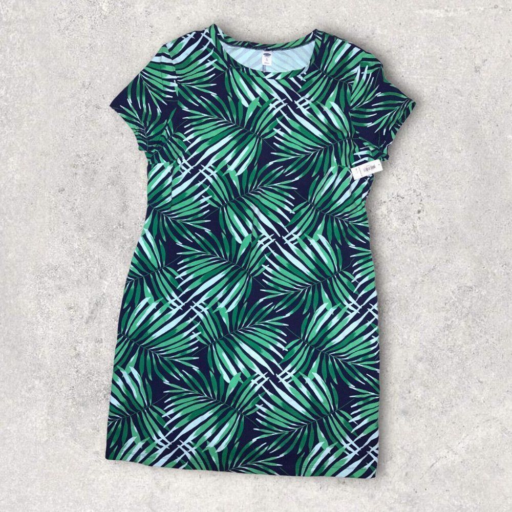 Old Navy Palm Leaves T-Shirt Dress Blue Green Fitted Pullover Size XL